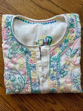 White Embroidered Floral Button-Front Top